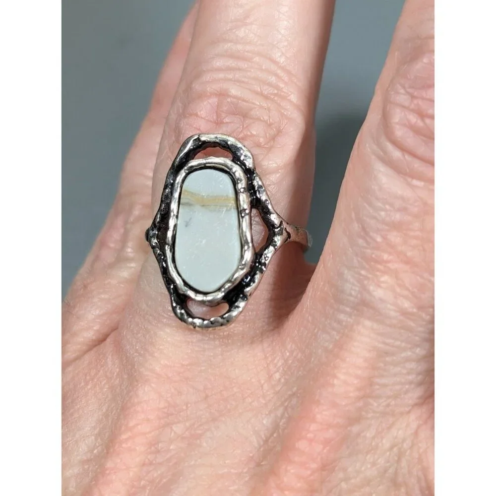 Boho Western‎ Gray Faux Stone silver Tone Oval Ring Size 7.75